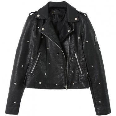 Punk Black Leather Jacket Women Slim Long Sleeve Turn-down Collar Rivet Ladies\' Leather Jackets Aut