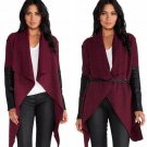 New Fashion Women Jacket Loose Long Jacket Ladies Patchwork Leather Sleeve Coat Flock Outwear Europe