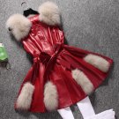 autumn and winter new pu leather jacket Faux Fox Fur long vest thick