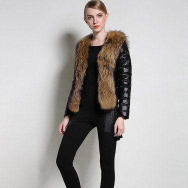 2017 Winter Women\'s Long Sleeve Parka Faux Fur Collar Coat Quilted Jacket Outerwea Faux Leather Jac
