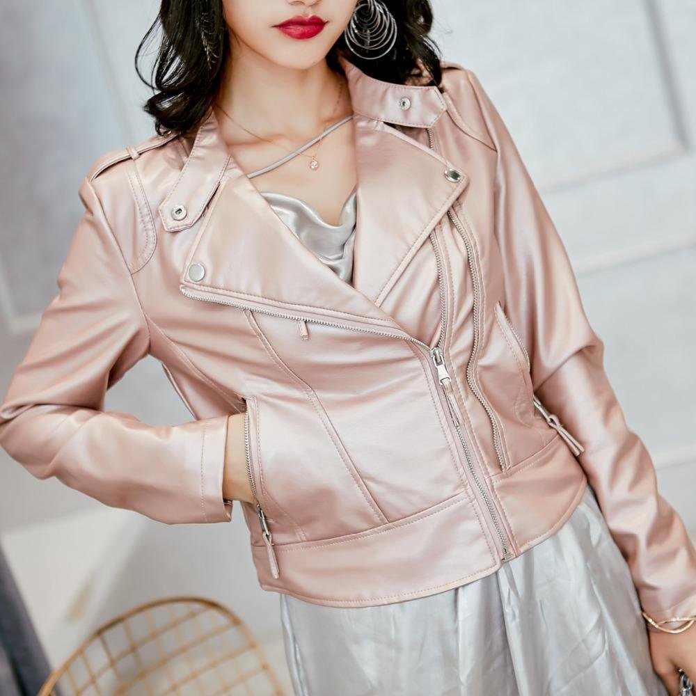 2017 Fashion spring Autumn Women Brand Faux Soft Leather Short Jackets PU Black pink Yellow Zippers
