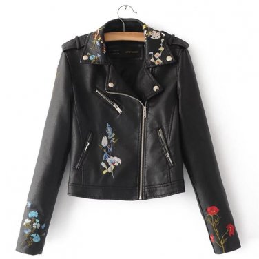 2017 New Leather embroidery jacket coat women Long sleeve color motorcycle basic jacket  Autumn fash