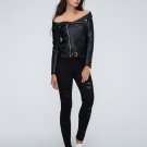 Hot Sale Off Shoulder Leather Look Jacket Casual Sexy Slim Slash Neck Zip Front Long Sleeve High Str