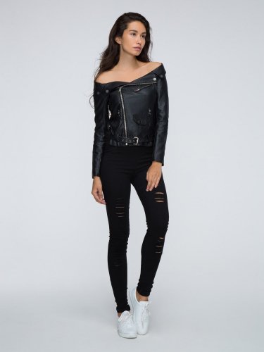 Hot Sale Off Shoulder Leather Look Jacket Casual Sexy Slim Slash Neck Zip Front Long Sleeve High Str
