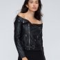 Hot Sale Off Shoulder Leather Look Jacket Casual Sexy Slim Slash Neck Zip Front Long Sleeve High Str