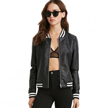 2017 Women Solid Black Outwear Female Long Sleeves Striped Faux Leather Coat Ladies Punk Style Brief