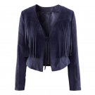 Women Jacket Solid Navy Blue Tassel Tie Front Long Sleeve Jacket Winter Autumn Chic Sexy Deep V-neck