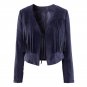 Women Jacket Solid Navy Blue Tassel Tie Front Long Sleeve Jacket Winter Autumn Chic Sexy Deep V-neck
