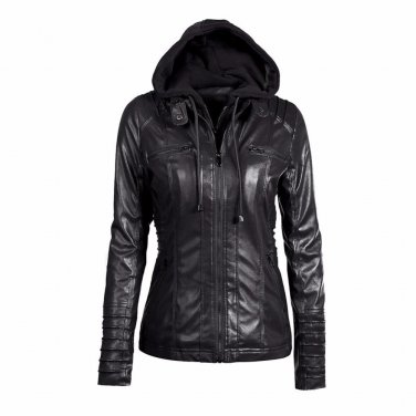 2017 New Autumn Winter Hooded Style PU Leather Coat Long Sleeved Solid Color with Lapel and Zipper S