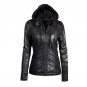 2017 New Autumn Winter Hooded Style PU Leather Coat Long Sleeved Solid Color with Lapel and Zipper S