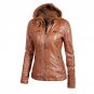 2017 New Autumn Winter Hooded Style PU Leather Coat Long Sleeved Solid Color with Lapel and Zipper S