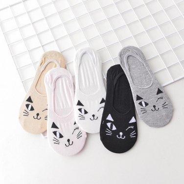 5Pairs/Bag Good Quality Cute Colorful Cartoon Animals Cat Face Low Invisible Women Sock Slippers Gir