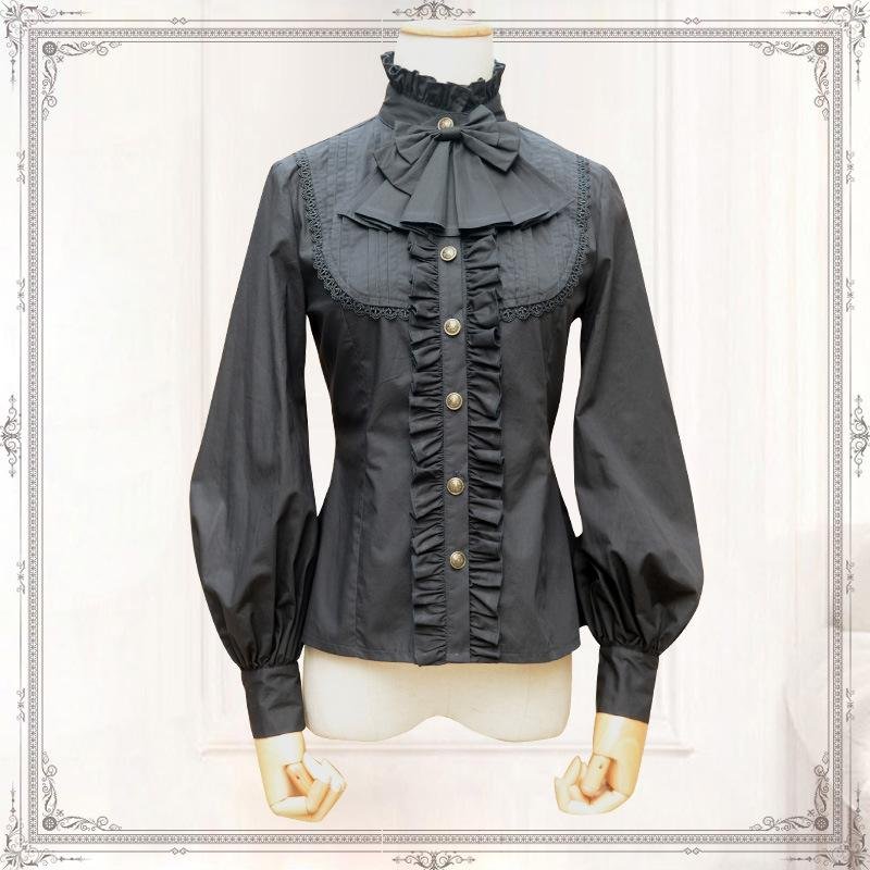 Vintage Women\'s Chiffon Shirt Long Lantern Sleeve Stand Collar Female Gothic Blouse Black/White