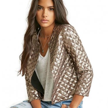 Gold Sequins Jackets Women O-neck Open Stitch Coatslid Polyester Cotton Outwears Slim Regular Jacket