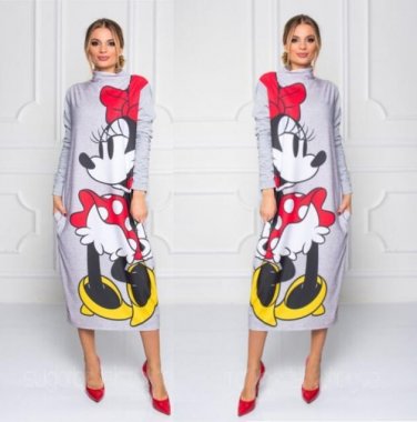 Spring Autumn New Female Casual Long-sleeved Turtleneck Cartoon Printed Long Maxi Printed Pocket Cot