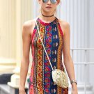 Fashion Lady Sexy Halter O-Neck Sleeveless Backless African Print Bodycon Dress Women Clothing Robe 