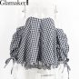 plaid off shoulder ruffle blouse shirt Women tops sexy elegant blouse shirt Striped shirts blusas fe