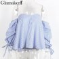 plaid off shoulder ruffle blouse shirt Women tops sexy elegant blouse shirt Striped shirts blusas fe