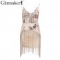 sequin evening party dress Women mesh sexy tassel fringe dresses Female elegant christams mini summe