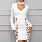 Lace up sexy elegant choker dress women Bodycon deep v neck short dress Long sleeve slim fitness win