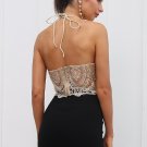 Floral lace halter backless top Fashion sexy hollow out transparent mesh top V neck see through crop
