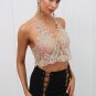 Floral lace halter backless top Fashion sexy hollow out transparent mesh top V neck see through crop
