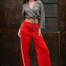 Sexy deep v neck crop top women Casual lace up kniited short top tees Winter loose flare sleeve fash