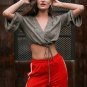 Sexy deep v neck crop top women Casual lace up kniited short top tees Winter loose flare sleeve fash