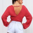 Sexy deep v neck knot chiffon crop top Backless bodycon camis crop top Long sleeve female blouse top