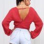 Sexy deep v neck knot chiffon crop top Backless bodycon camis crop top Long sleeve female blouse top