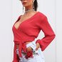 Sexy deep v neck knot chiffon crop top Backless bodycon camis crop top Long sleeve female blouse top