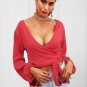 Sexy deep v neck knot chiffon crop top Backless bodycon camis crop top Long sleeve female blouse top