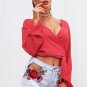 Sexy deep v neck knot chiffon crop top Backless bodycon camis crop top Long sleeve female blouse top