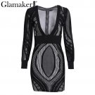 Sexy deep v neck lace dress women Casual patch bodycon dress Elegant long sleeve women mini dress ve