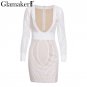 Sexy deep v neck lace dress women Casual patch bodycon dress Elegant long sleeve women mini dress ve