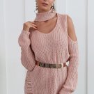 Turtleneck off shoulder bodycon dress women Loose hole knitted winter dress Elastic long sleeve shor