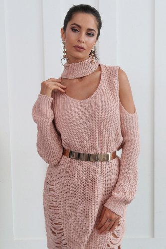 Turtleneck off shoulder bodycon dress women Loose hole knitted winter dress Elastic long sleeve shor