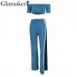 Sexy high split two pieces suit Women off shoulder stripe slim jumpsuit romper Female crop skinny ca