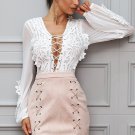 Hollow out mesh white lace blouse shirt Women tops transparent lace up casual blouse See-through fem