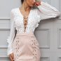Hollow out mesh white lace blouse shirt Women tops transparent lace up casual blouse See-through fem