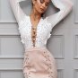 Hollow out mesh white lace blouse shirt Women tops transparent lace up casual blouse See-through fem