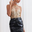 Sexy golden halter mesh tank top Autumn off shoulder bronzing short women tops Backless floral embro