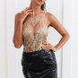 Sexy golden halter mesh tank top Autumn off shoulder bronzing short women tops Backless floral embro