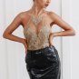 Sexy golden halter mesh tank top Autumn off shoulder bronzing short women tops Backless floral embro