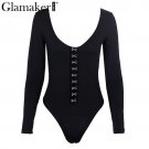 Sexy long sleeve low cut bodysuit women tops Black rivet casual fitness jumpsuit romper Party club b