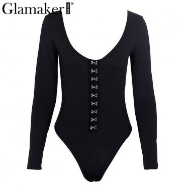 Sexy long sleeve low cut bodysuit women tops Black rivet casual fitness jumpsuit romper Party club b