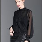 New Fashion Spring Regular Shirt Women Shirt Casual Blouse O-Neck Button Full Office Lady Black Whit