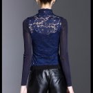 Autumu New Fashion Blouse Royal Lotus Lace Collar Chiffon Shirt Female Long Sleeve Spring Shirt Blue