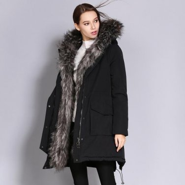 New Fashion Winter Women\'s Down Jacket Plus Size 90% White Duck Down Femme Coat Huge Fur Hooded Par