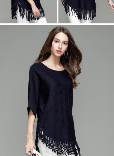 Half Batwing Sleeve Knit Long Pullover Sweater Women\'s Winter Solid Black Knitted Tassel Sweater Fe